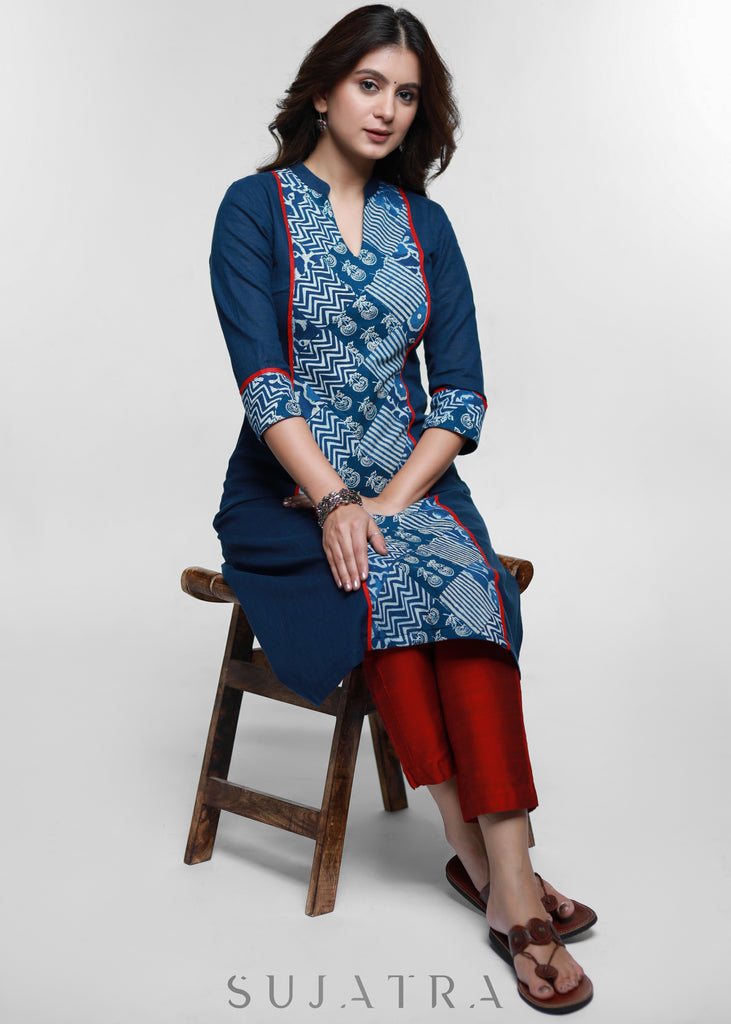 Navy Blue Cotton Kurta With Indigo Patchwork-Pant Optional