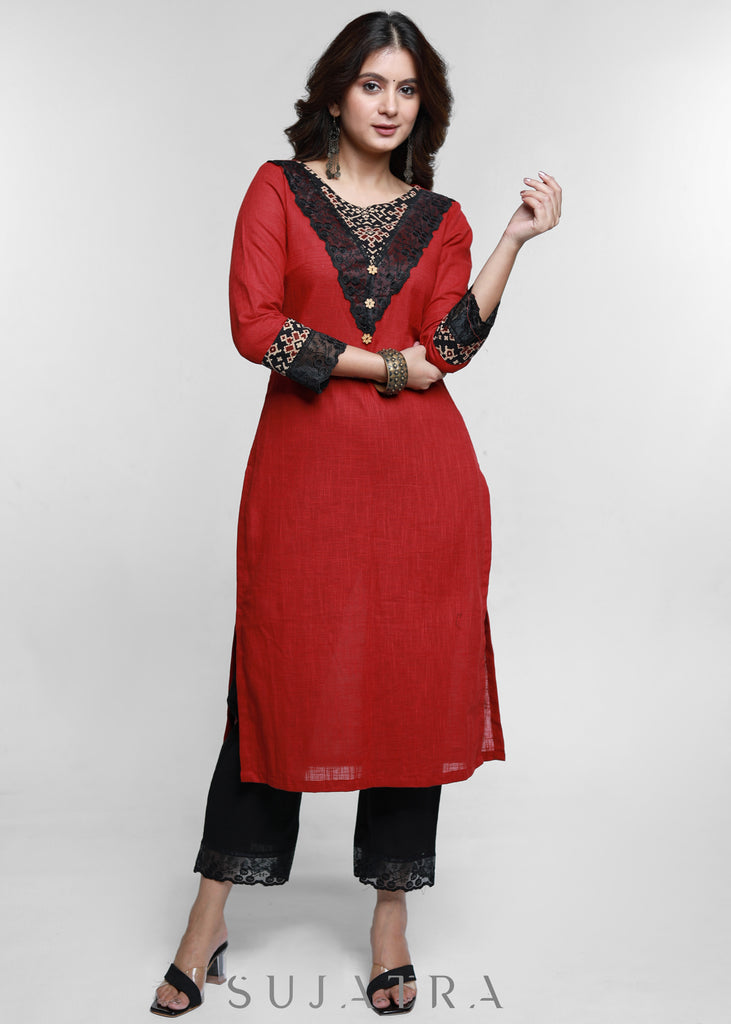 Maroon Cotton Ajrakh Combination Kurta-Pant Optional