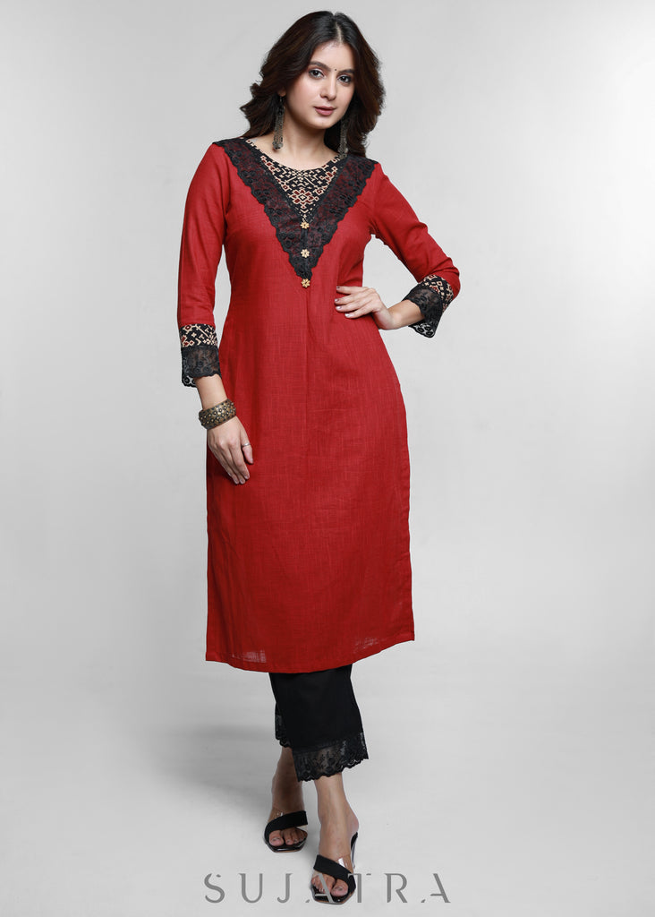 Maroon Cotton Ajrakh Combination Kurta-Pant Optional