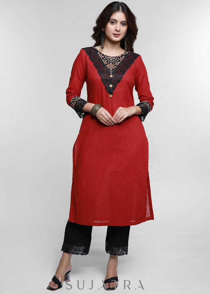 Maroon Cotton Ajrakh Combination Kurta-Pant Optional