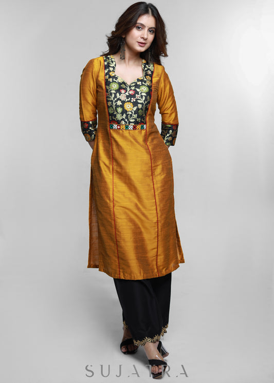 Mustard Cotton Silk Kurta with Brocade Yoke-Pant Optional