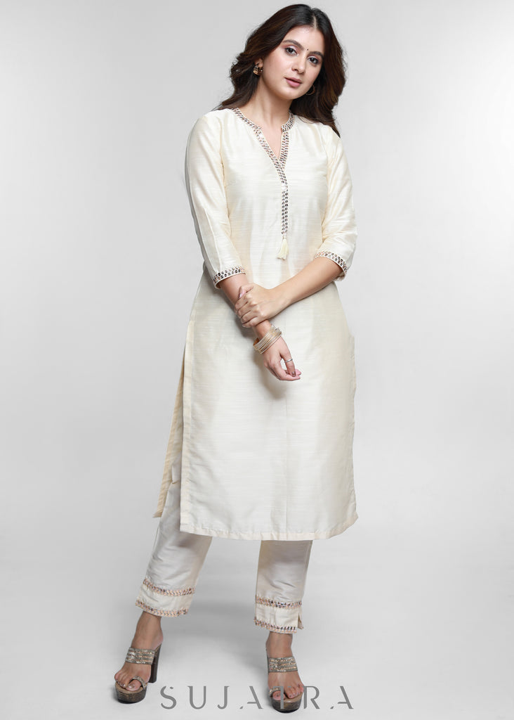 Off White Cotton Silk Kurta with Lace Placke-Pant Optional
