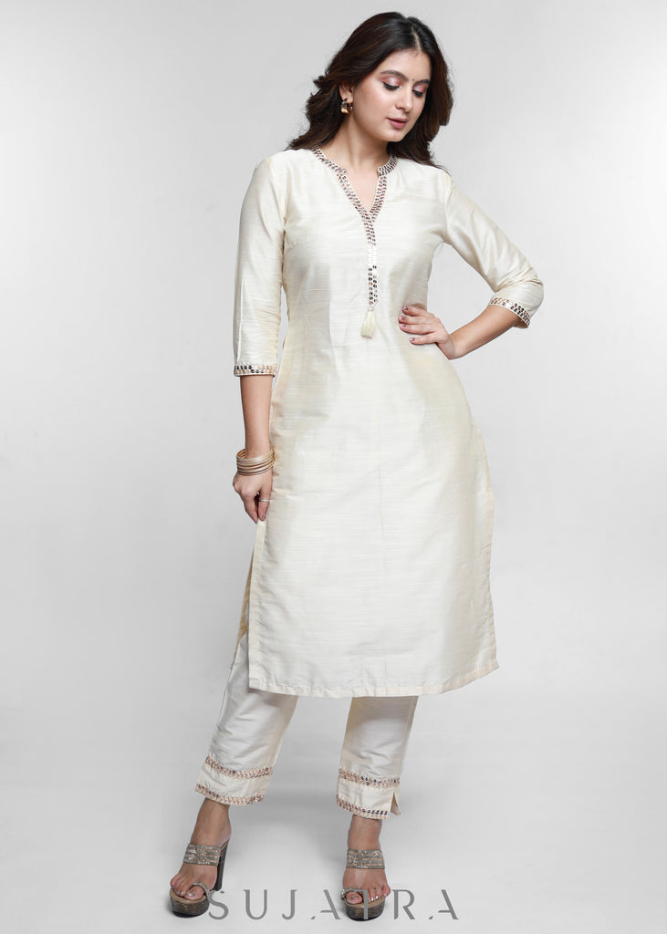 Off White Cotton Silk Kurta with Lace Placke-Pant Optional