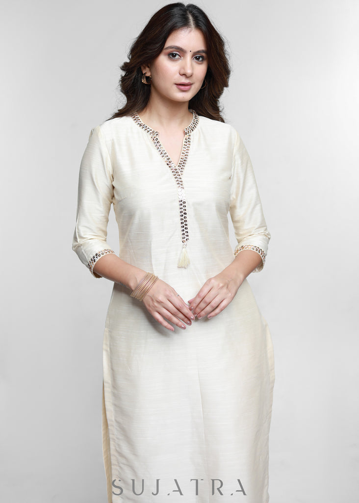 Off White Cotton Silk Kurta with Lace Placke-Pant Optional