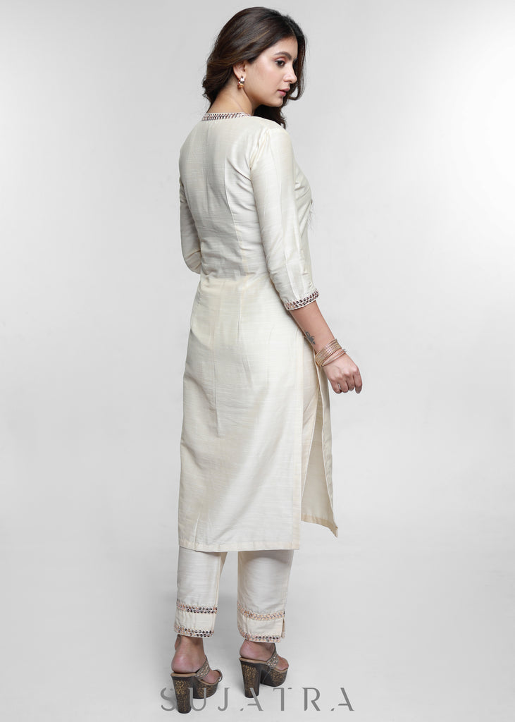 Off White Cotton Silk Kurta with Lace Placke-Pant Optional