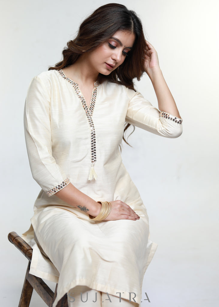 Off White Cotton Silk Kurta with Lace Placke-Pant Optional