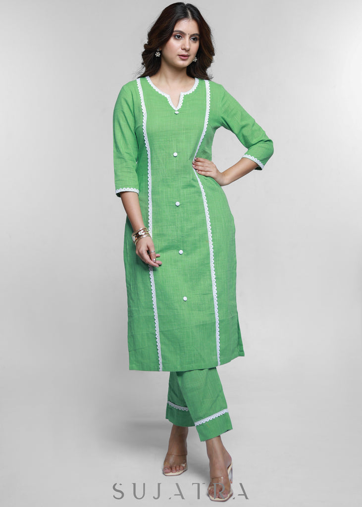 Pista Colour Cotton Kurta with Laces-Pant Optional