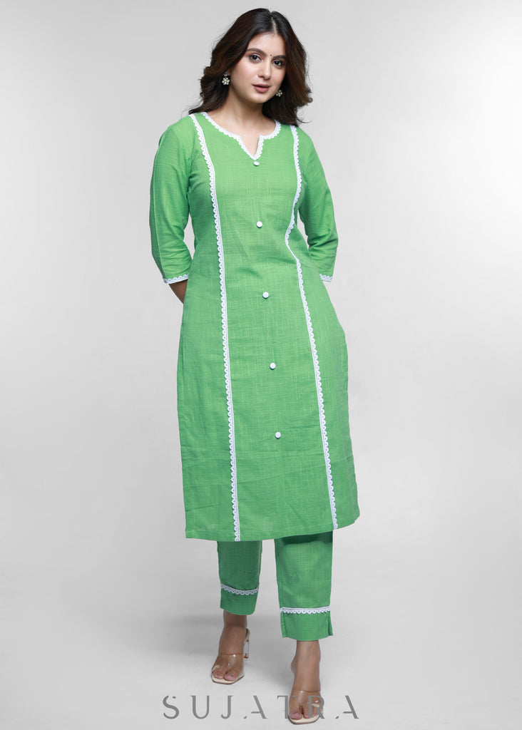 Pista Colour Cotton Kurta with Laces-Pant Optional
