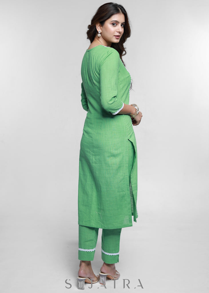 Pista Colour Cotton Kurta with Laces-Pant Optional