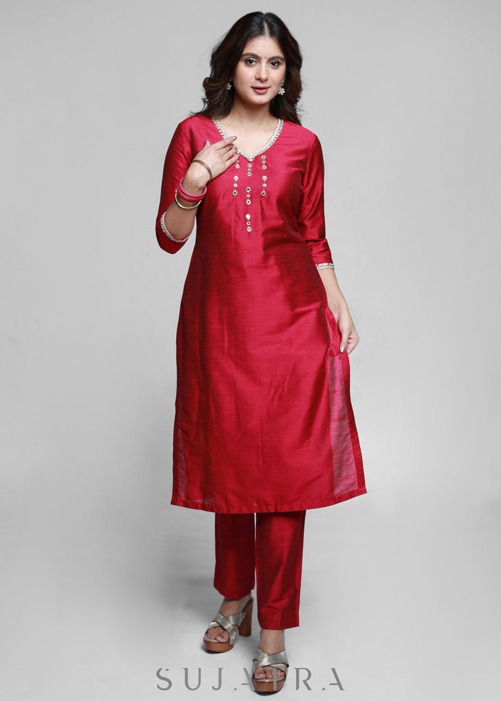 Magenta Cotton Silk Kurta With Handwork-Pant Optional
