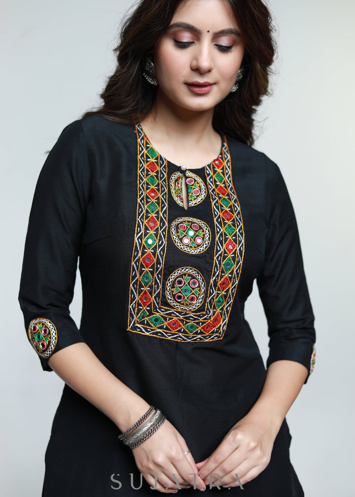 Kutch Hand Mirror Work Black Cotton Silk Kurta-Pant Optional