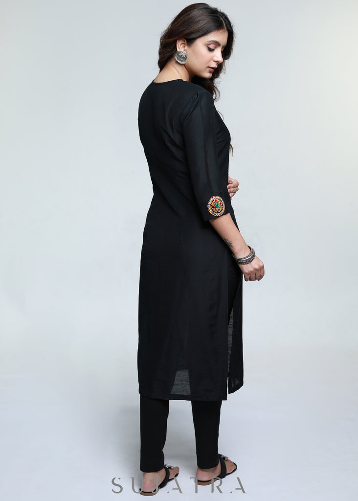 Kutch Hand Mirror Work Black Cotton Silk Kurta-Pant Optional