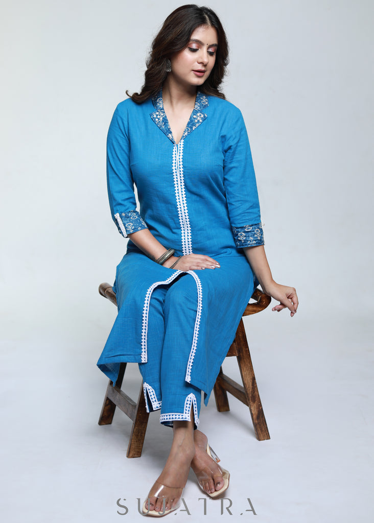 Powder Blue Colour Cotton Laced Kurta-Pant Optional
