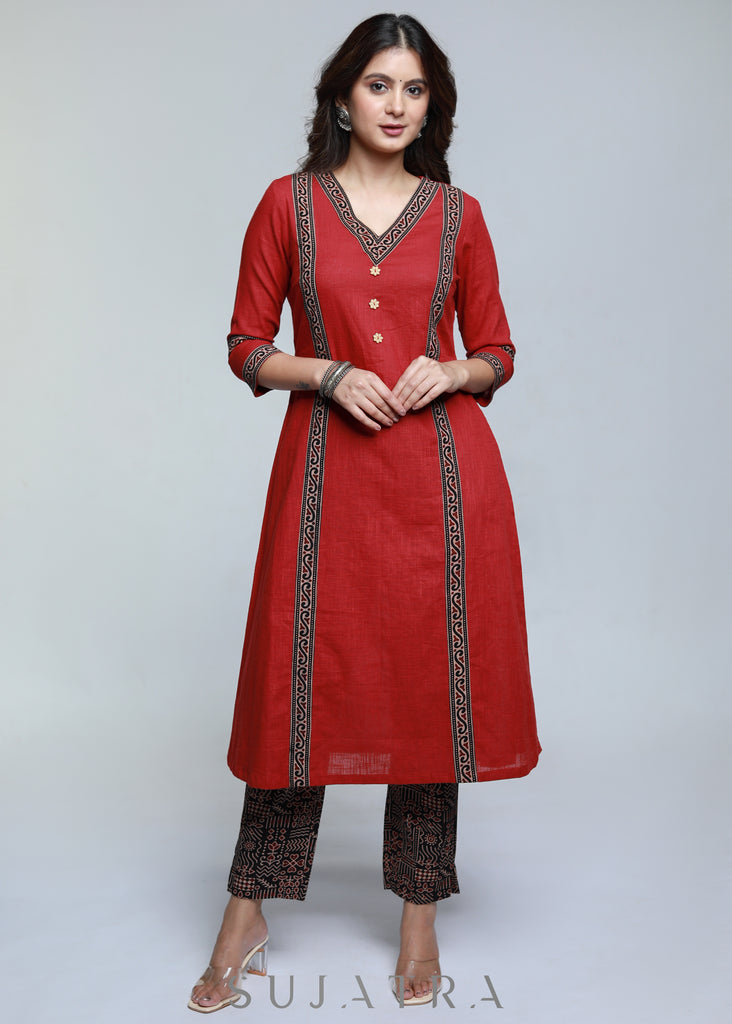 Maroon Cotton Kurta with Ajrakh Combination-Pant Optional