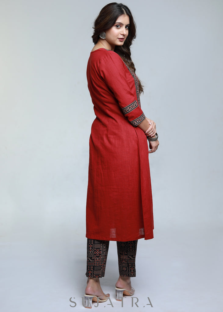 Maroon Cotton Kurta with Ajrakh Combination-Pant Optional