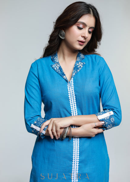 Powder Blue Colour Cotton Laced Kurta-Pant Optional