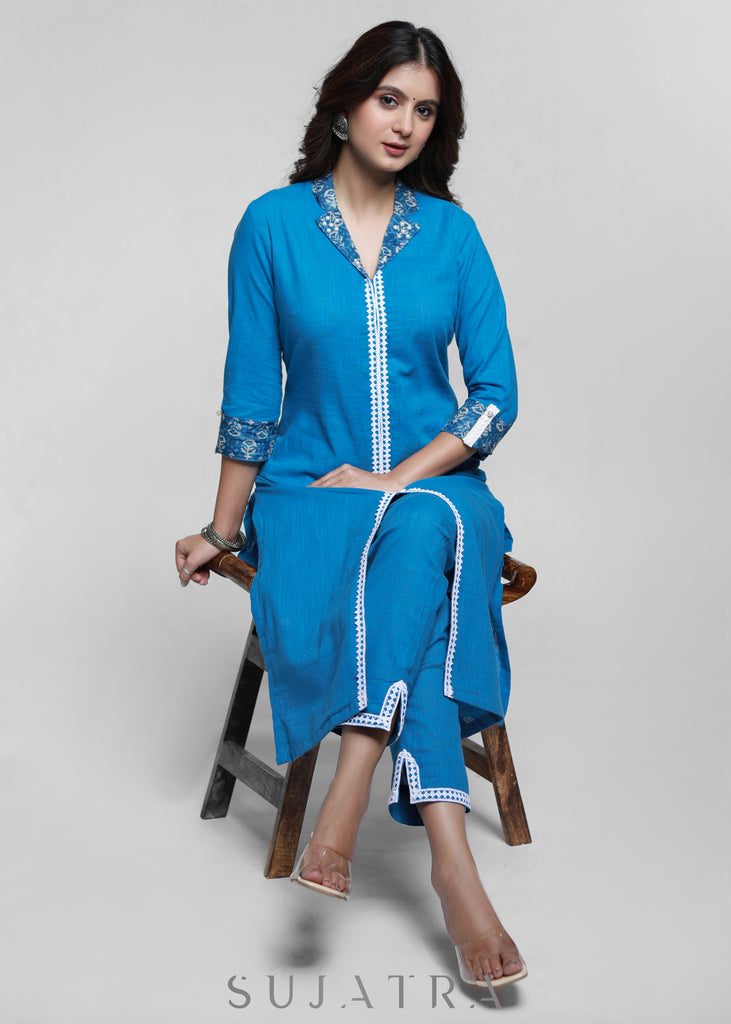 Powder Blue Colour Cotton Laced Kurta-Pant Optional