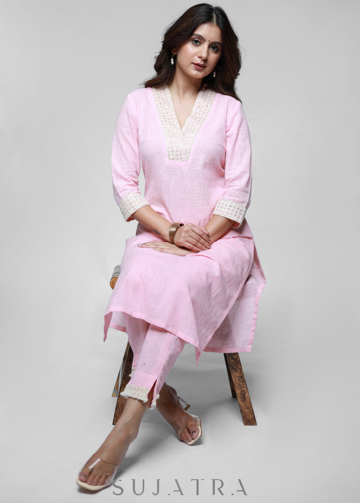 Pink Cotton High Neck Kurta with delicate laces-Pant Optional