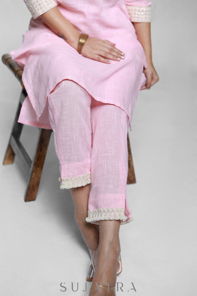 Pink Cotton High Neck Kurta with delicate laces-Pant Optional