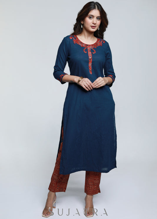 Navy Blue Cotton Ajrak Kurta with Applique Work-Pant Optional