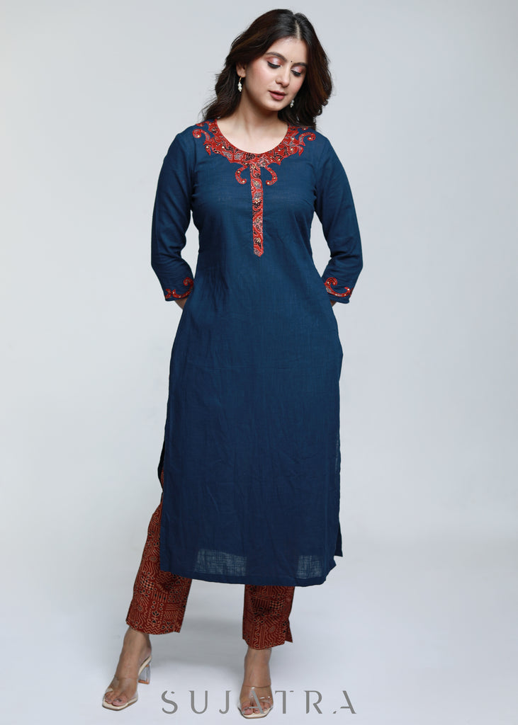 Navy Blue Cotton Ajrak Kurta with Applique Work-Pant Optional