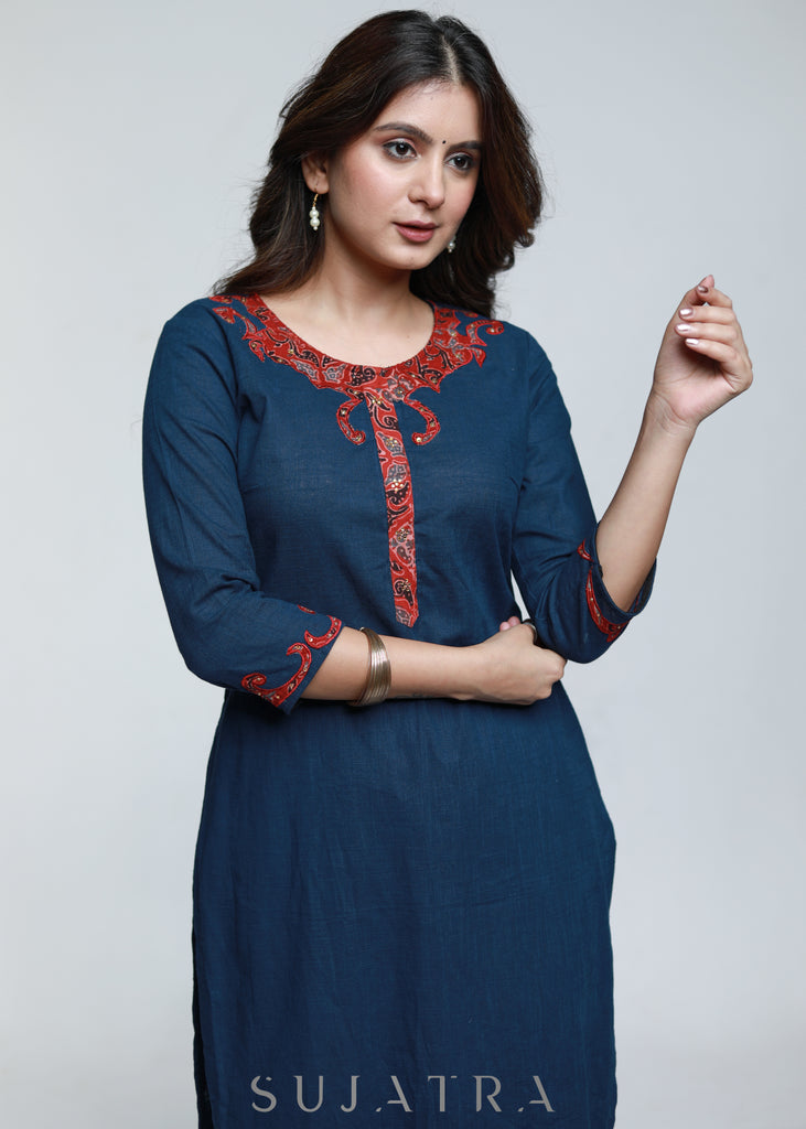 Navy Blue Cotton Ajrak Kurta with Applique Work-Pant Optional