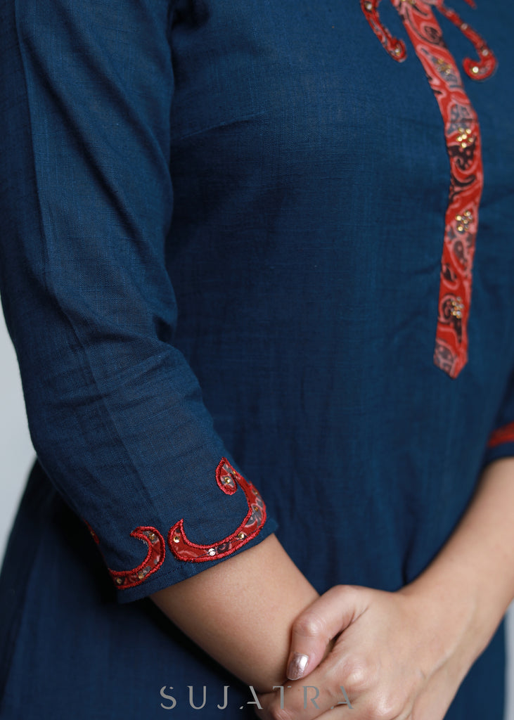 Navy Blue Cotton Ajrak Kurta with Applique Work-Pant Optional