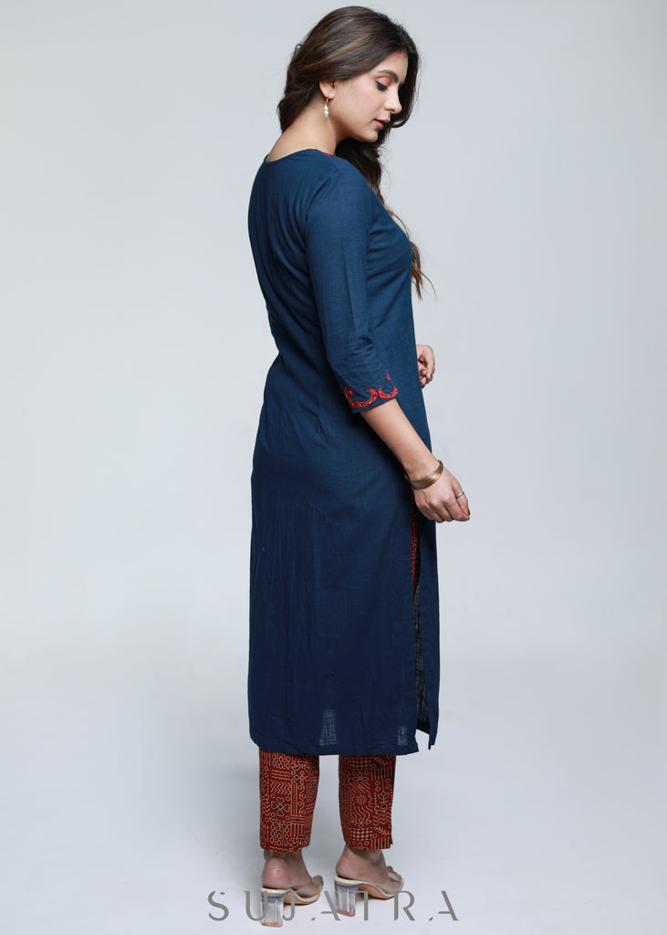 Navy Blue Cotton Ajrak Kurta with Applique Work-Pant Optional