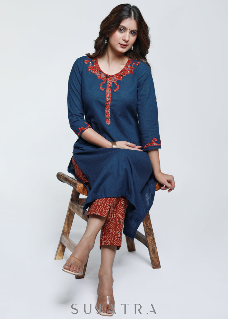 Navy Blue Cotton Ajrak Kurta with Applique Work-Pant Optional