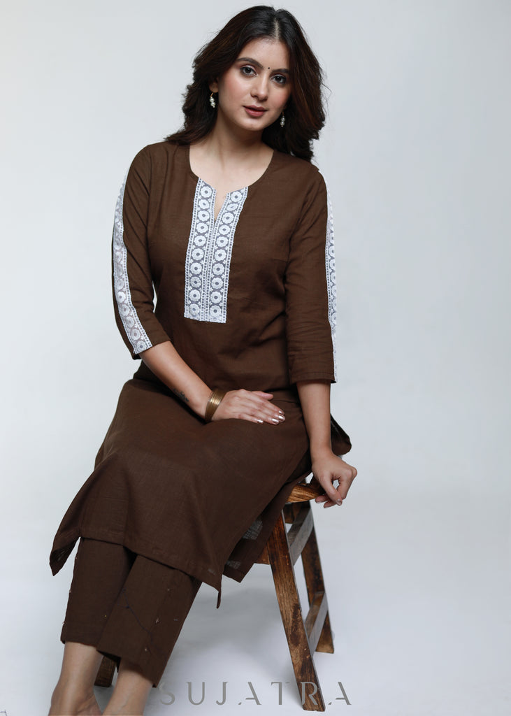 Coffee Brown Cotton Kurta with Laces-Pant Optional