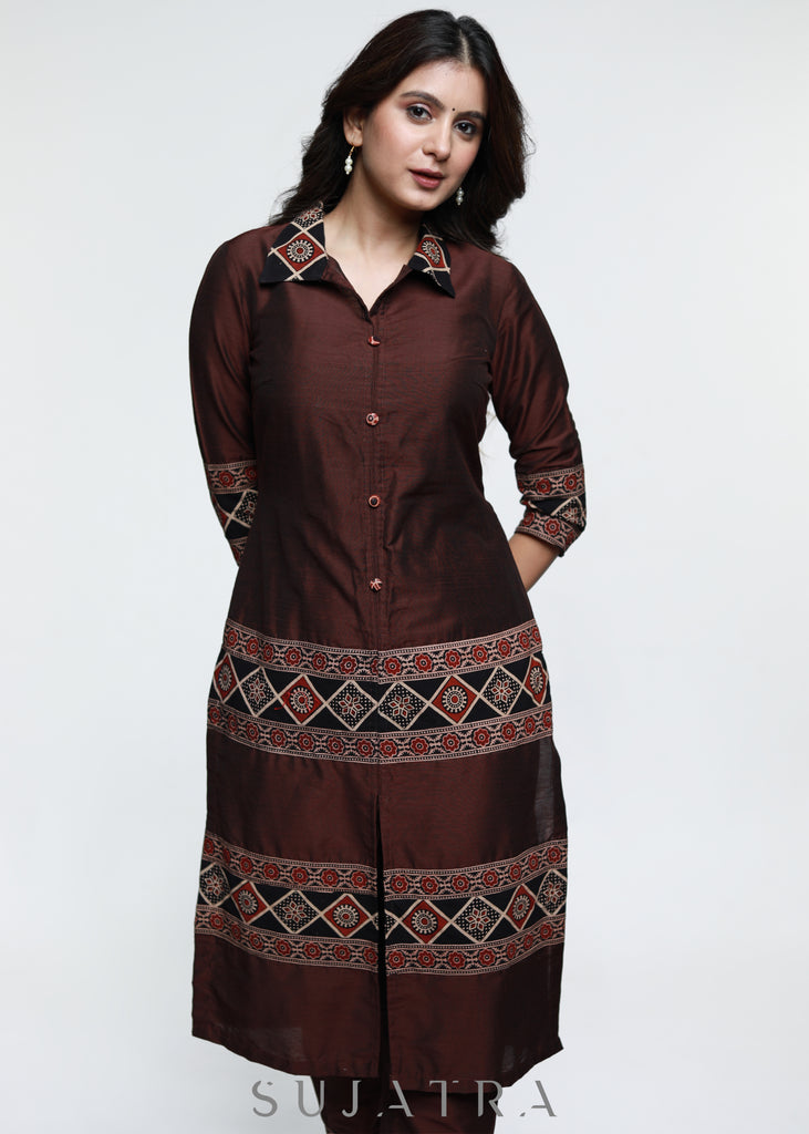 Coffee Brown Ajrakh Combination Cotton Silk Kurta-Pant Optional