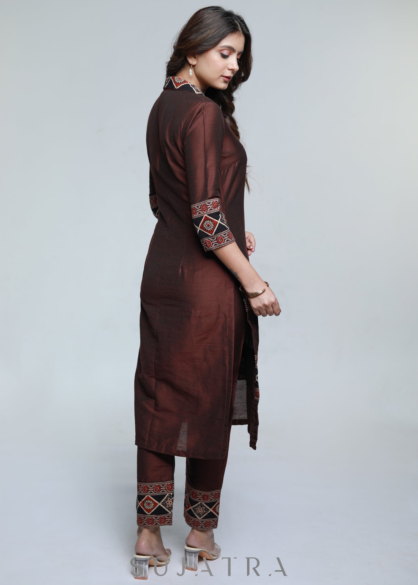 Coffee Brown Ajrakh Combination Cotton Silk Kurta-Pant Optional