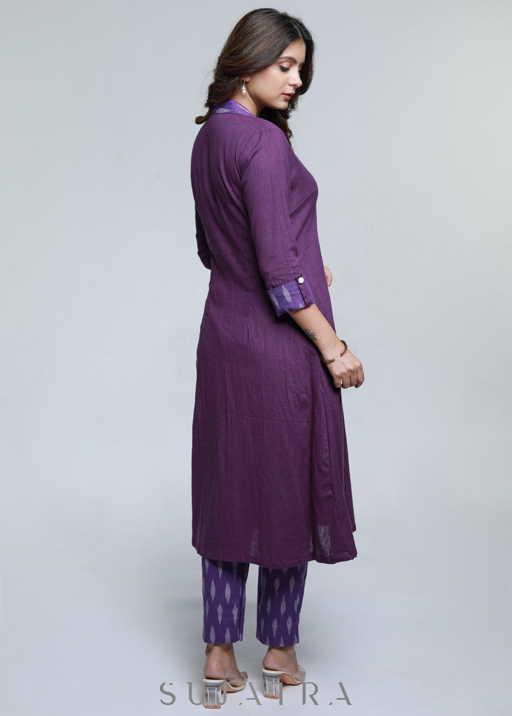 Purple Cotton Ikat Combination Kurta-Pant Optional