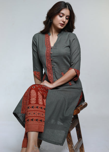 Grey Cotton Ajrakh Kurta-Pant Optional