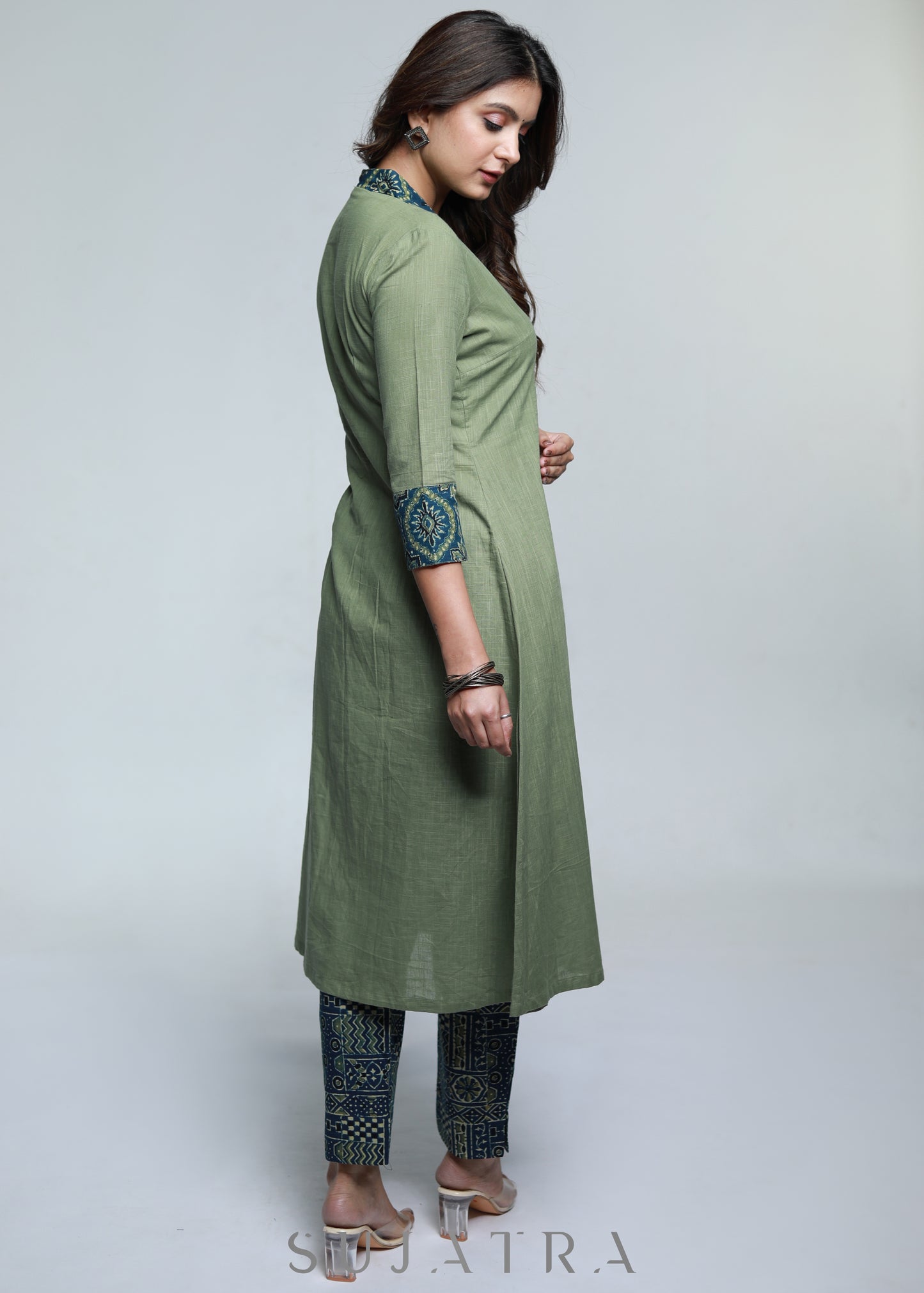Pista Colour Cotton A-Line Kurta with Ajrakh Combination-Pant Optional