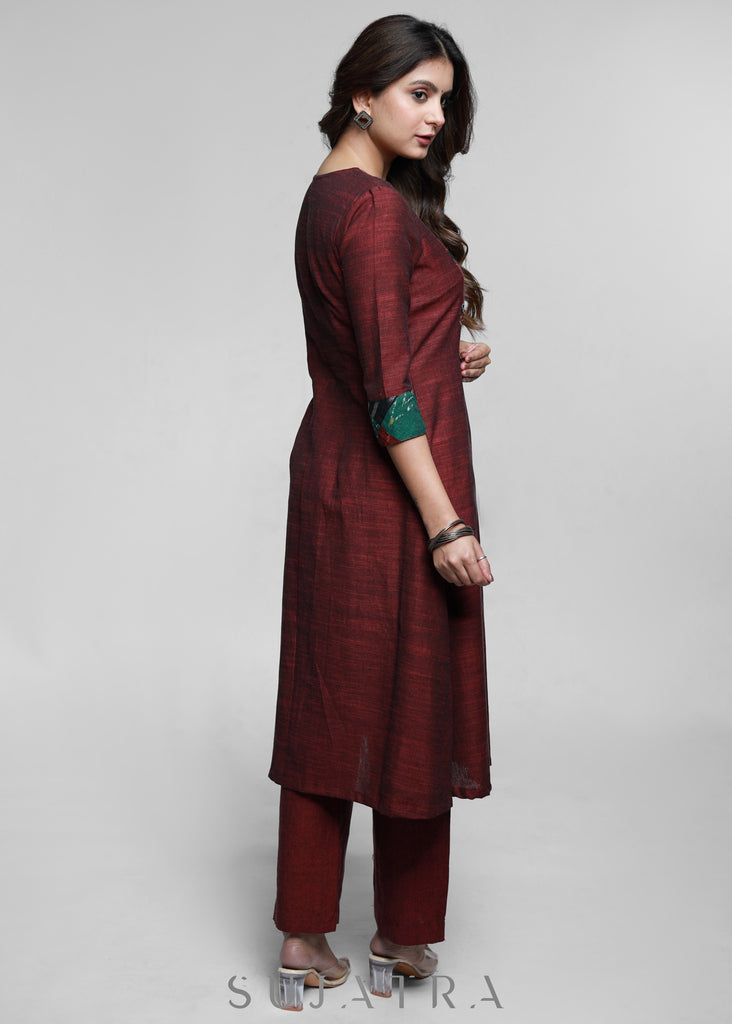 Maroon Pure Handloom Patch Work Kurta-Pant Optional