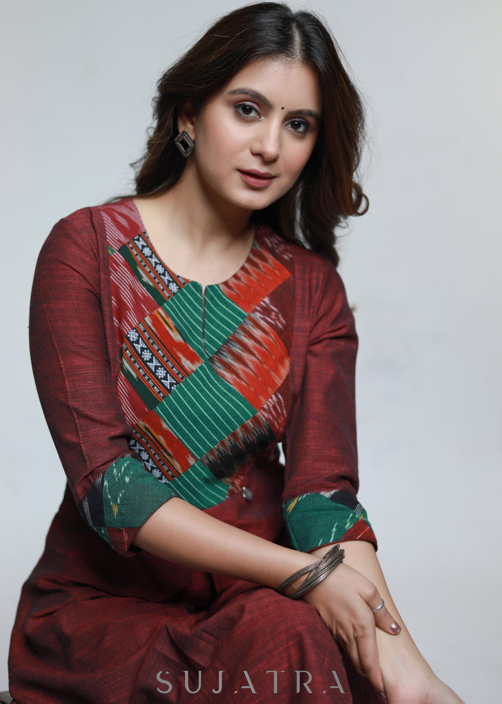 Maroon Pure Handloom Patch Work Kurta-Pant Optional