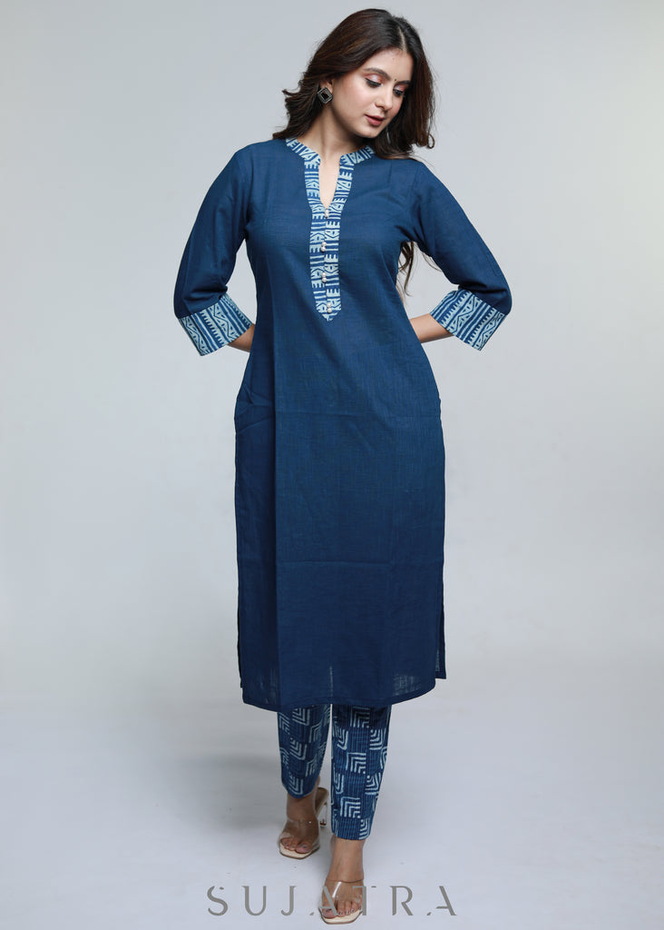 Navy Blue Cotton Indigo Combination Kurta-Pant Optional