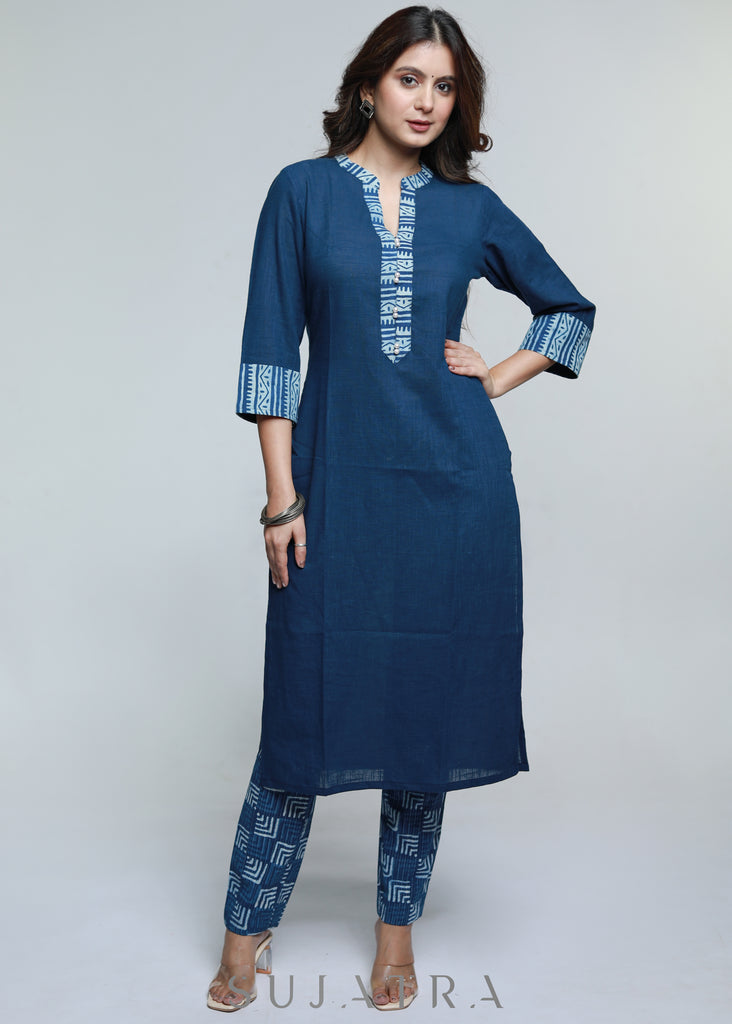 Navy Blue Cotton Indigo Combination Kurta-Pant Optional