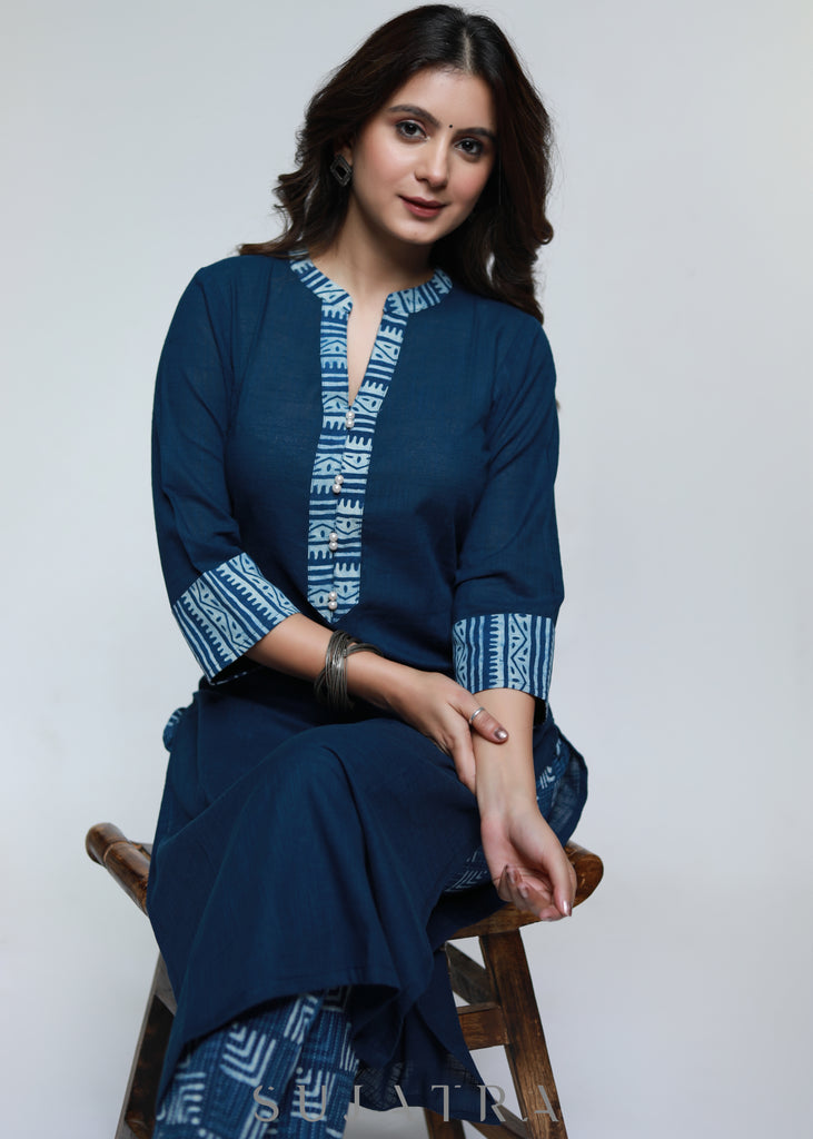 Navy Blue Cotton Indigo Combination Kurta-Pant Optional