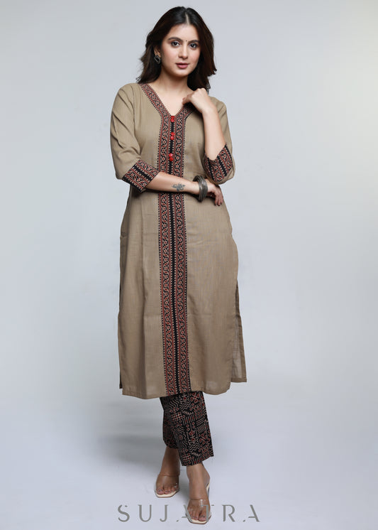 Cement Colour Cotton Ajrakh Combination Kurta-Pant Optional