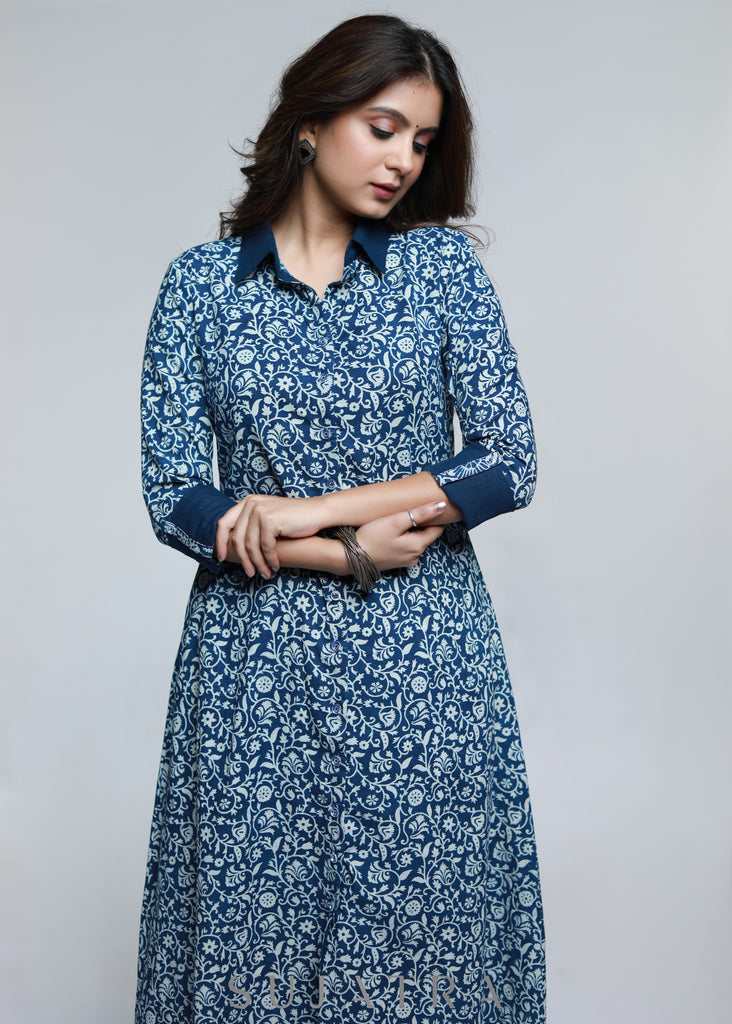 Cotton Indigo Shirt Styled Kurta-Pant Optional