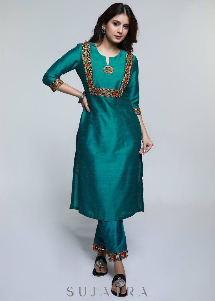 Teal Cotton Silk Kurta with Kutch Hand work-Pant Optional