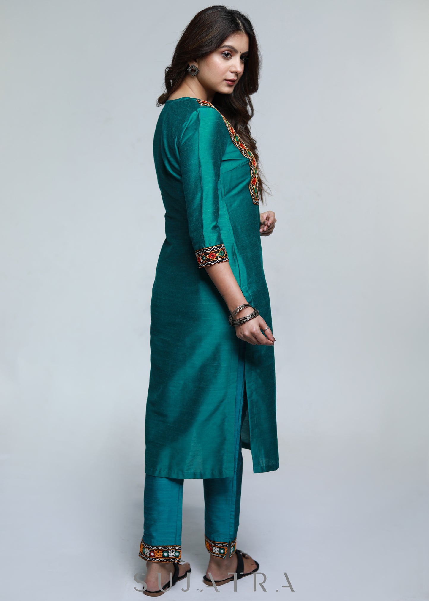 Teal Cotton Silk Kurta with Kutch Hand work-Pant Optional