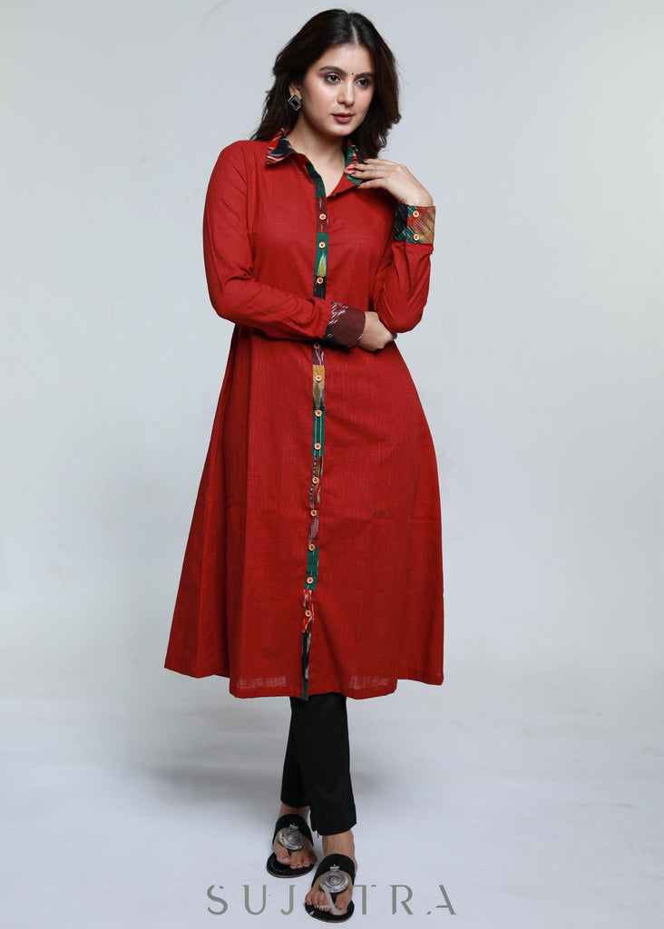 Maroon Cotton Shirt Styled Patch Work Kurta-Pant Optional