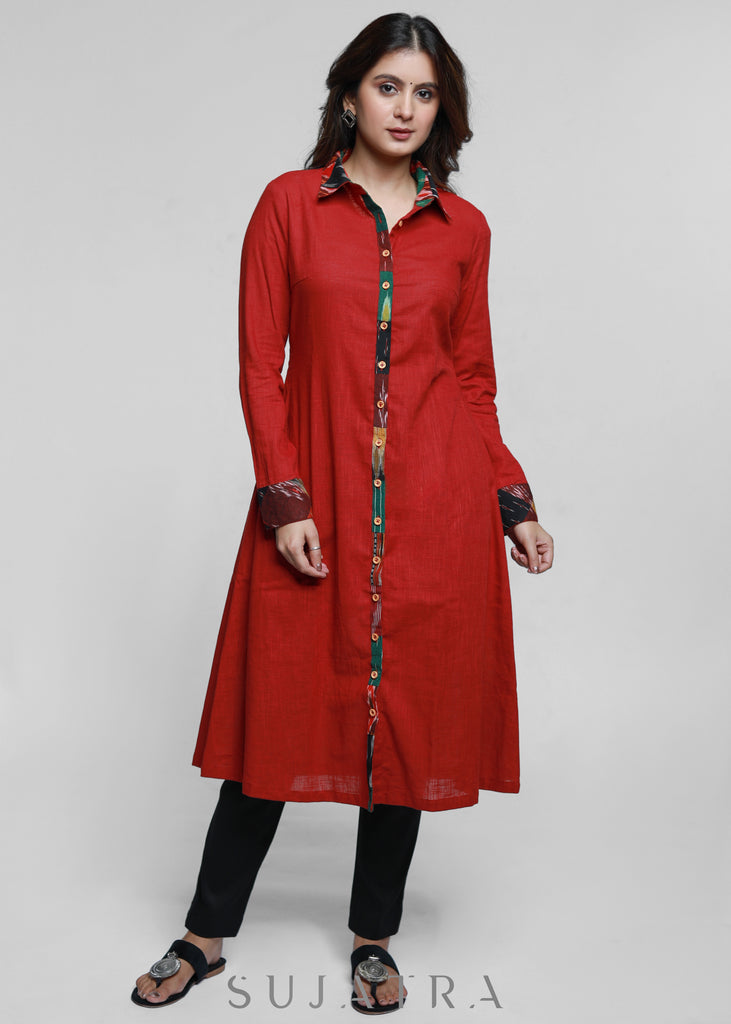 Maroon Cotton Shirt Styled Patch Work Kurta-Pant Optional