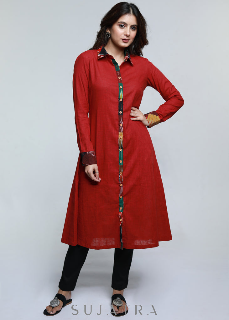 Maroon Cotton Shirt Styled Patch Work Kurta-Pant Optional
