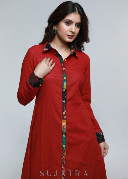 Maroon Cotton Shirt Styled Patch Work Kurta-Pant Optional