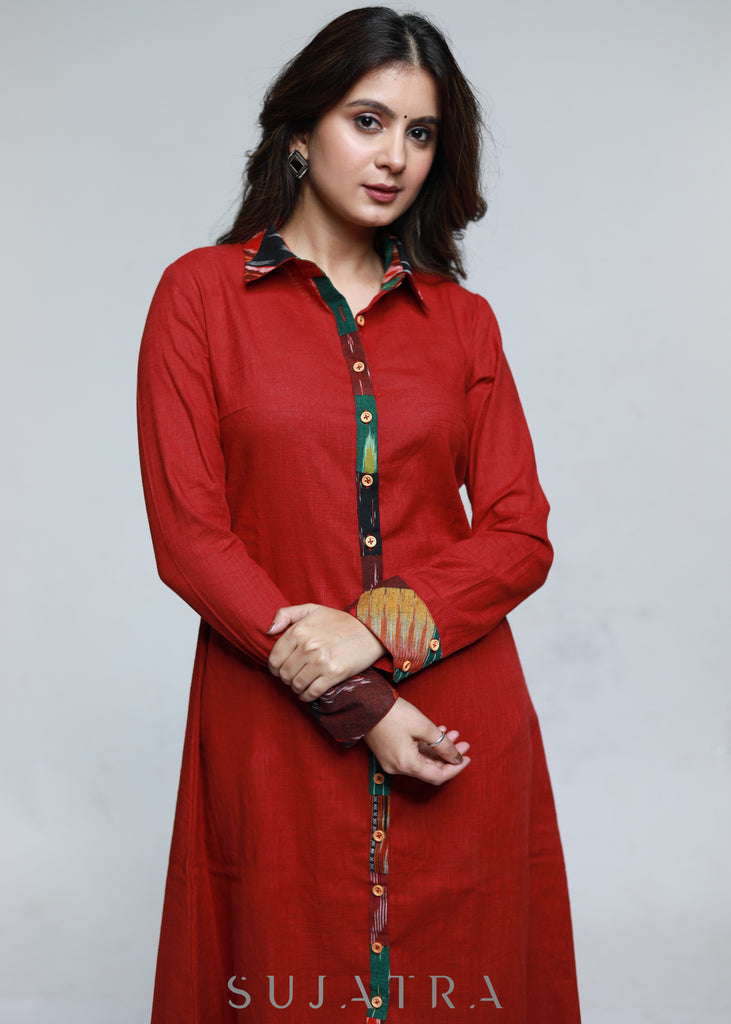 Maroon Cotton Shirt Styled Patch Work Kurta-Pant Optional