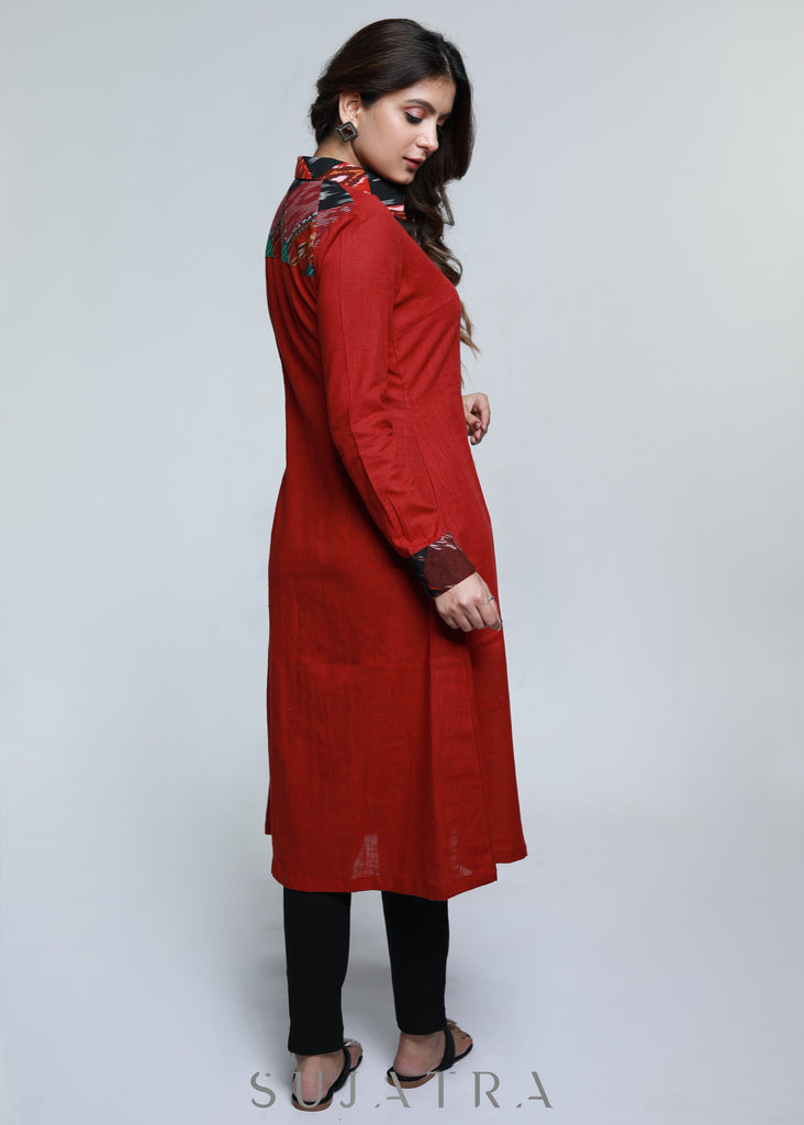 Maroon Cotton Shirt Styled Patch Work Kurta-Pant Optional